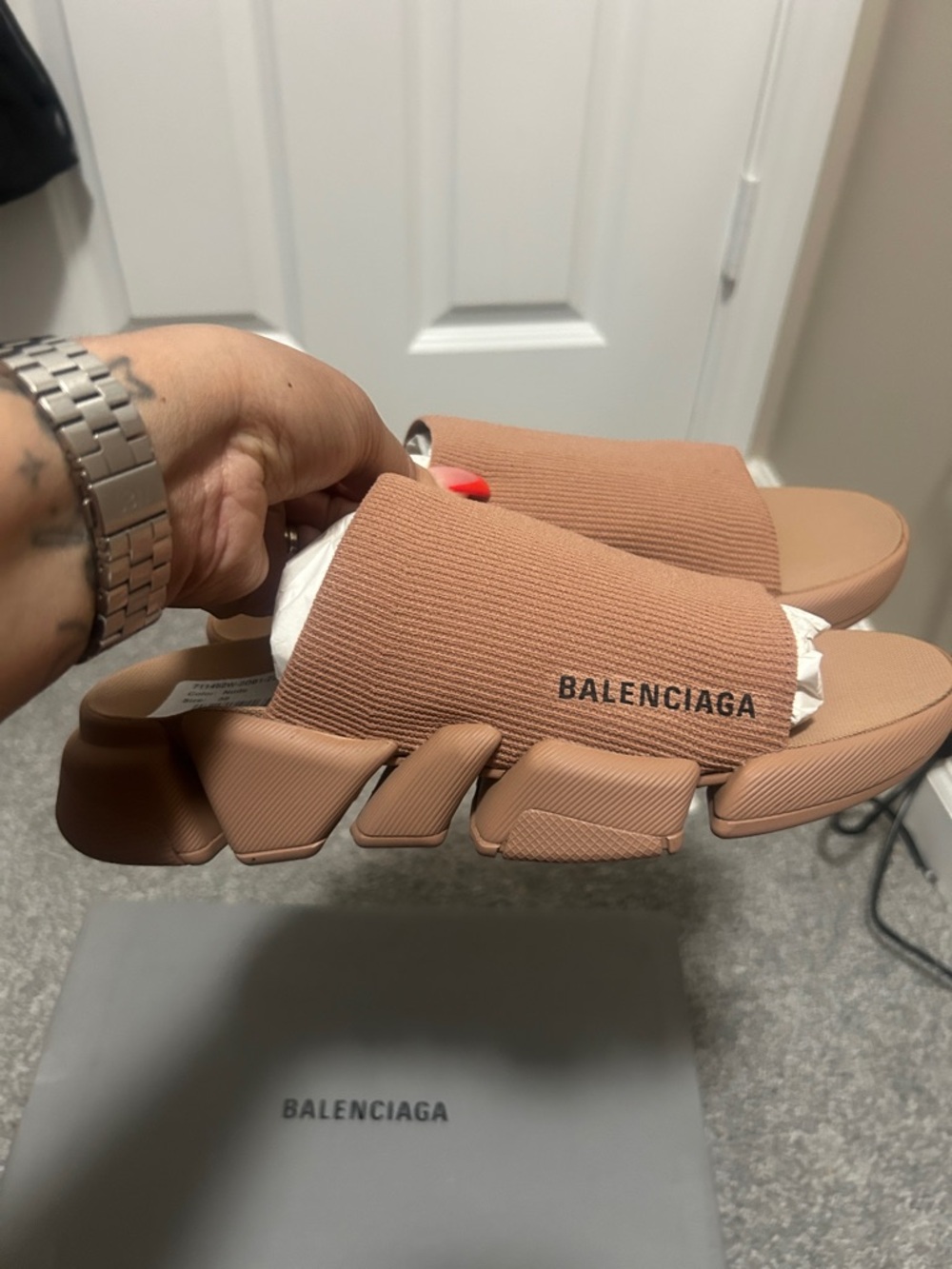 Balenciaga Tan Ribbed Slide Sandals with Chunky Textured Soles